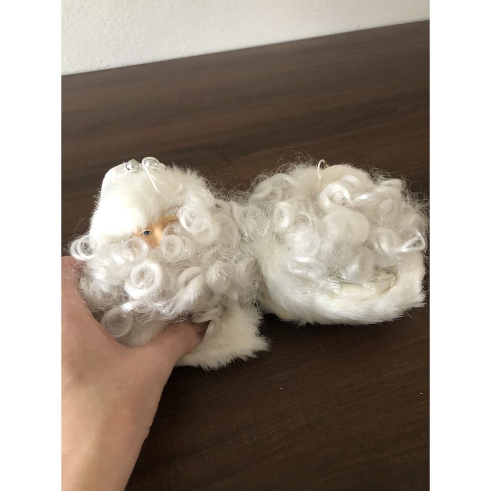 Vintage 2 Santa Face Head Hanging Ornaments Plastic Face Yarn Beard Christmas